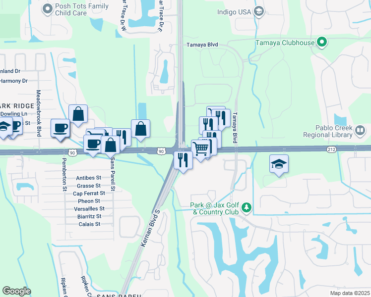 map of restaurants, bars, coffee shops, grocery stores, and more near Kernan Boulevard South in Jacksonville