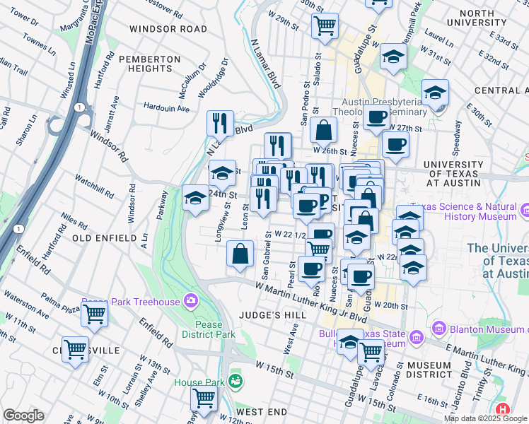 map of restaurants, bars, coffee shops, grocery stores, and more near 2310 San Gabriel Street in Austin