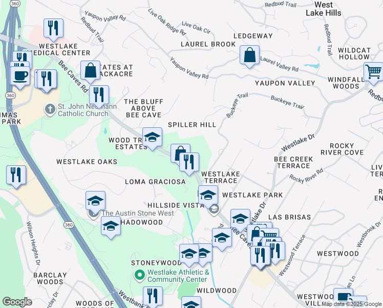 map of restaurants, bars, coffee shops, grocery stores, and more near 4310 Bee Caves Road in West Lake Hills