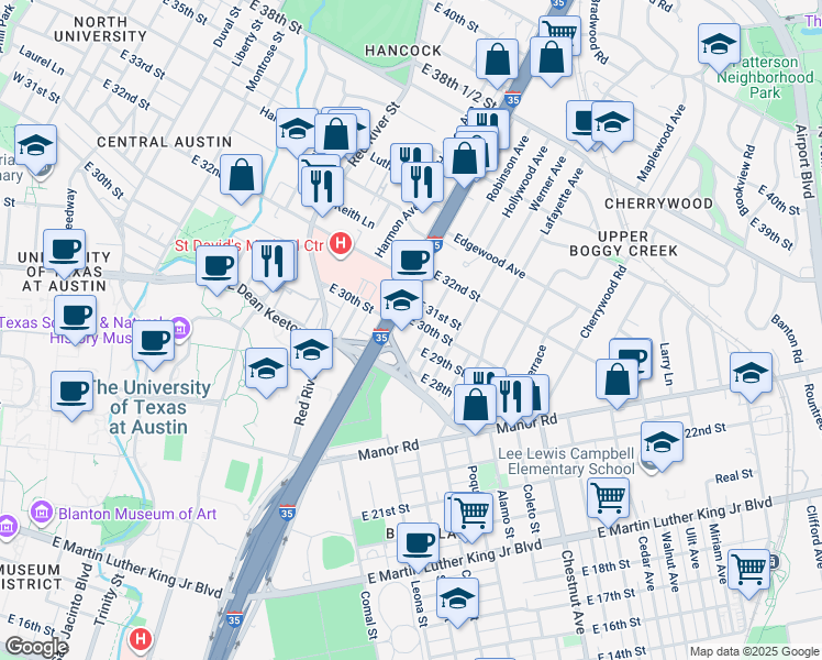map of restaurants, bars, coffee shops, grocery stores, and more near 3007 1/2 Interstate 35 in Austin