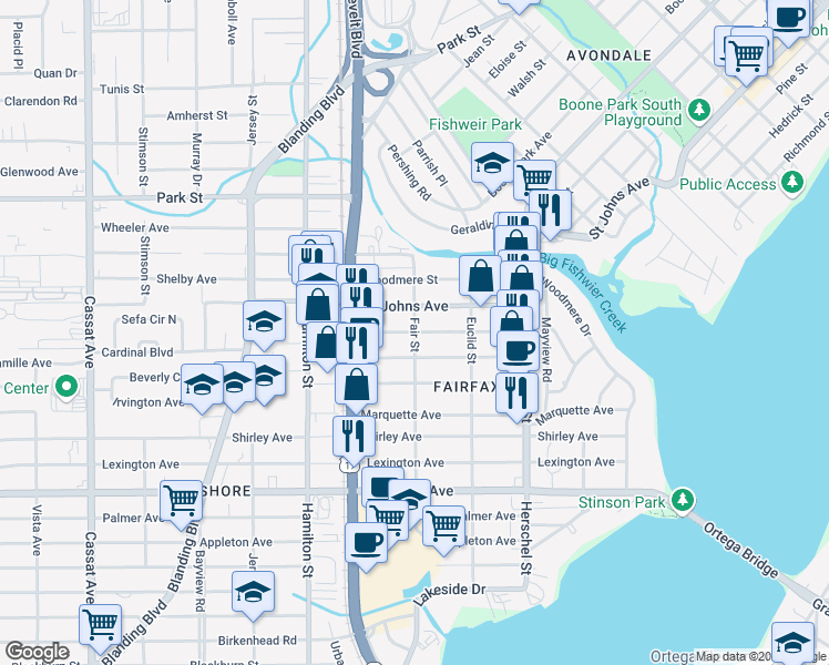 map of restaurants, bars, coffee shops, grocery stores, and more near 4400 Melrose Avenue in Jacksonville