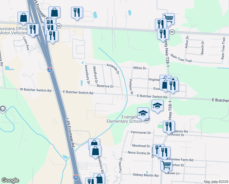 map of restaurants, bars, coffee shops, grocery stores, and more near 400 Beatrice Drive in Lafayette