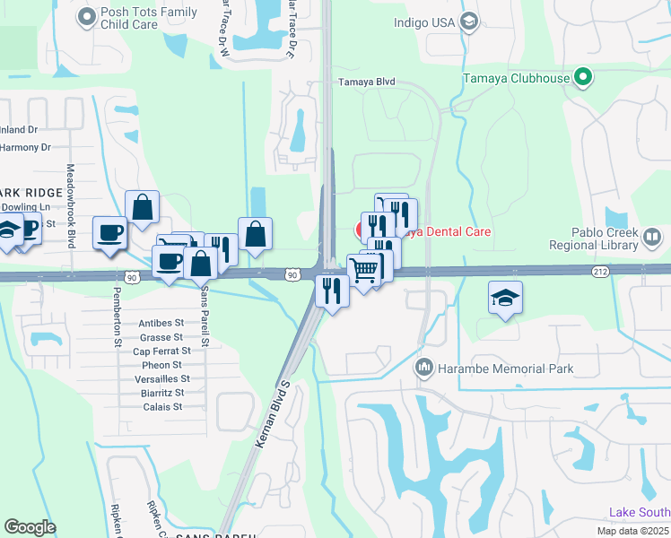 map of restaurants, bars, coffee shops, grocery stores, and more near Kernan Boulevard South in Jacksonville