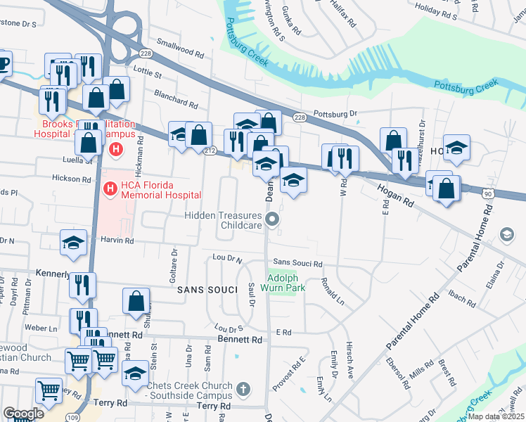 map of restaurants, bars, coffee shops, grocery stores, and more near 1824 Dean Road in Jacksonville