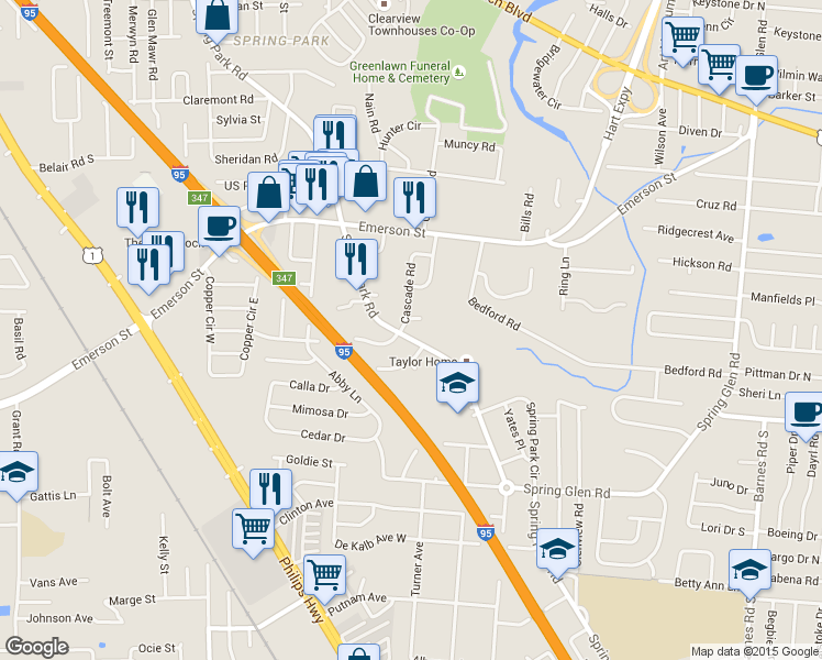 map of restaurants, bars, coffee shops, grocery stores, and more near 3753 Cascade Court in Jacksonville