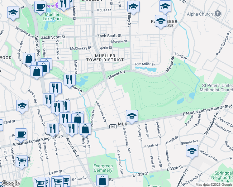 map of restaurants, bars, coffee shops, grocery stores, and more near 2213 E M Franklin Ave in Austin