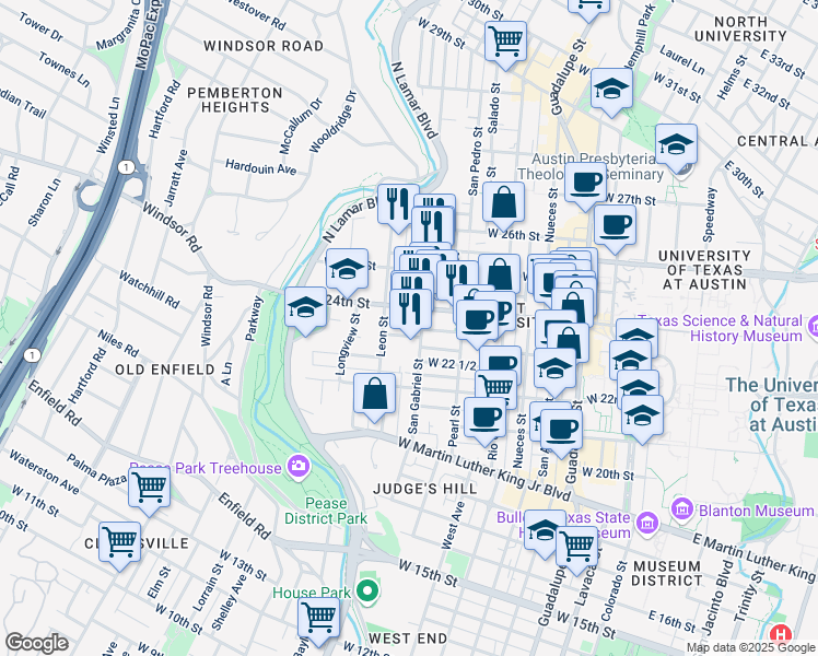 map of restaurants, bars, coffee shops, grocery stores, and more near 1023 West 24th Street in Austin