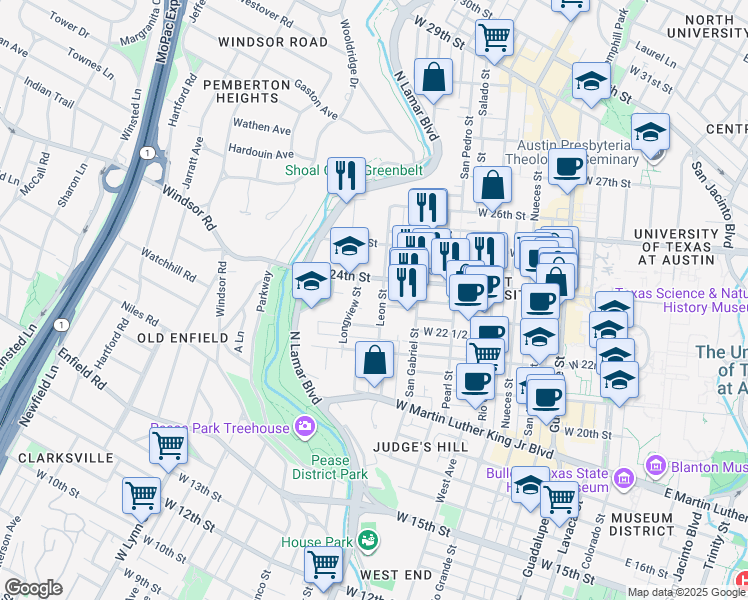 map of restaurants, bars, coffee shops, grocery stores, and more near 1201 West 24th Street in Austin