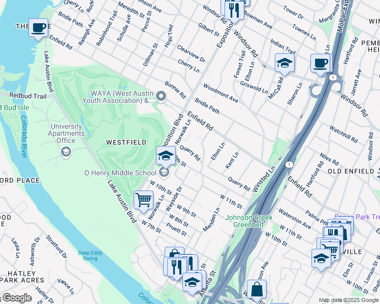 map of restaurants, bars, coffee shops, grocery stores, and more near 2508 Quarry Road in Austin