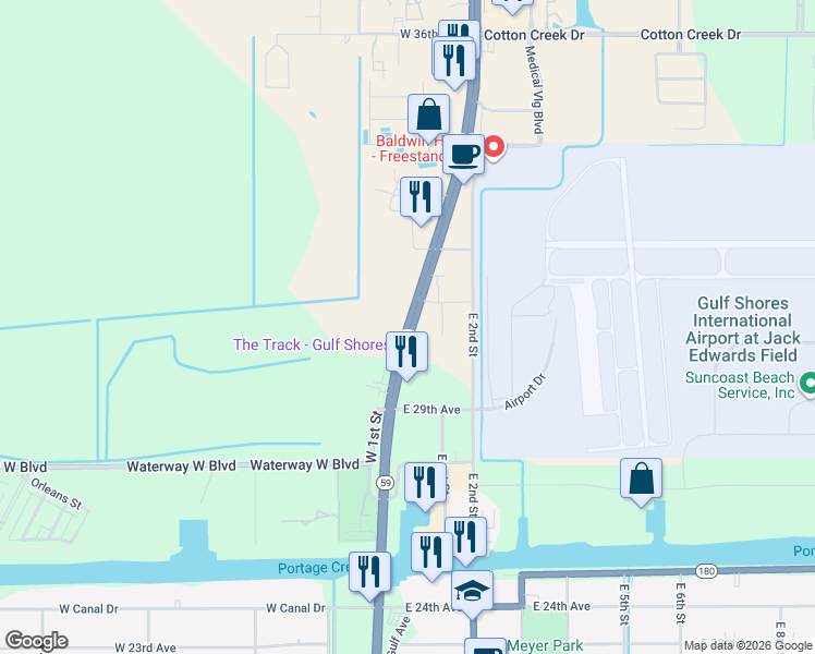 map of restaurants, bars, coffee shops, grocery stores, and more near Gulf Shores Parkway in Gulf Shores