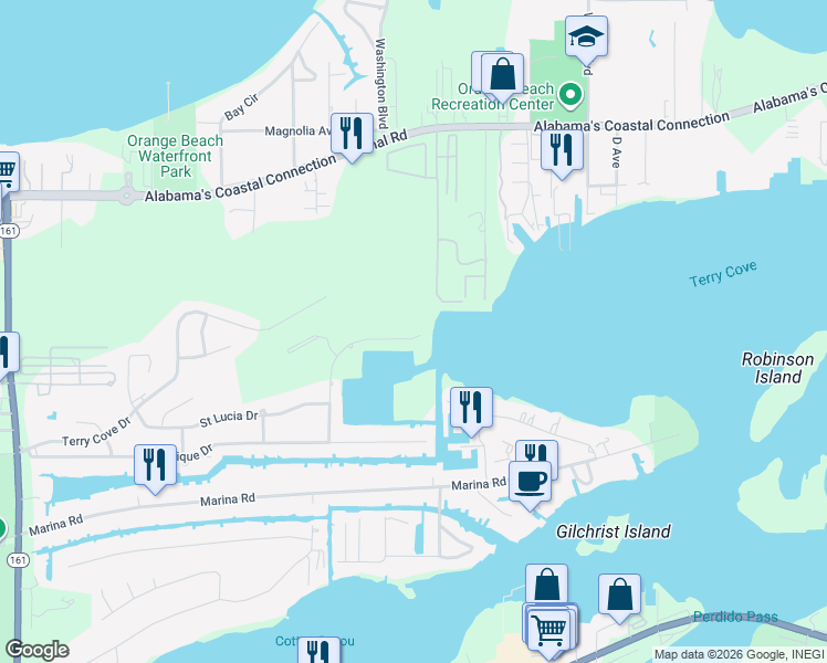 map of restaurants, bars, coffee shops, grocery stores, and more near 4145 Harbor Road in Orange Beach