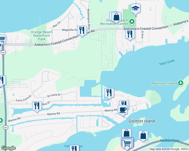 map of restaurants, bars, coffee shops, grocery stores, and more near 4145 Harbor Rd in Orange Beach