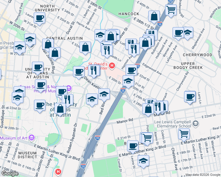 map of restaurants, bars, coffee shops, grocery stores, and more near 2800 Swisher Street in Austin