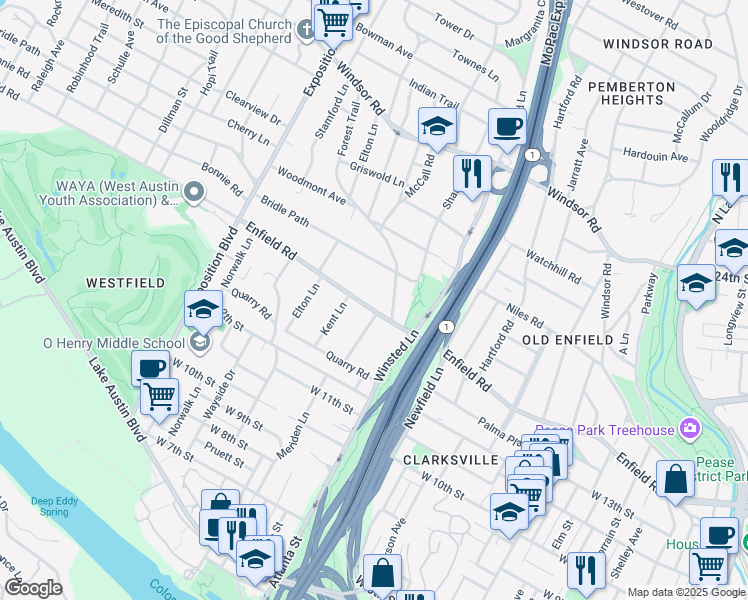 map of restaurants, bars, coffee shops, grocery stores, and more near 2202 Enfield Road in Austin