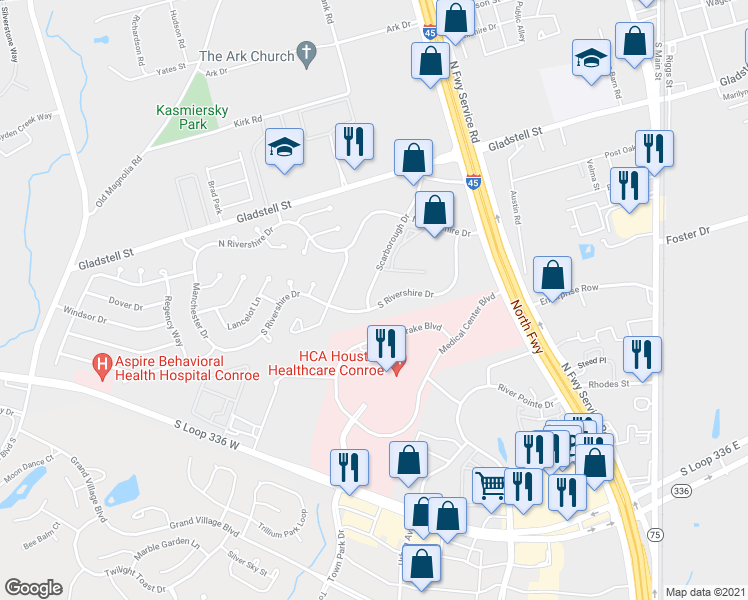 map of restaurants, bars, coffee shops, grocery stores, and more near 331 Scarborough Drive in Conroe