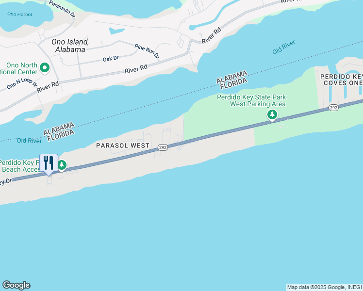 map of restaurants, bars, coffee shops, grocery stores, and more near 16291 Perdido Key Drive in Pensacola