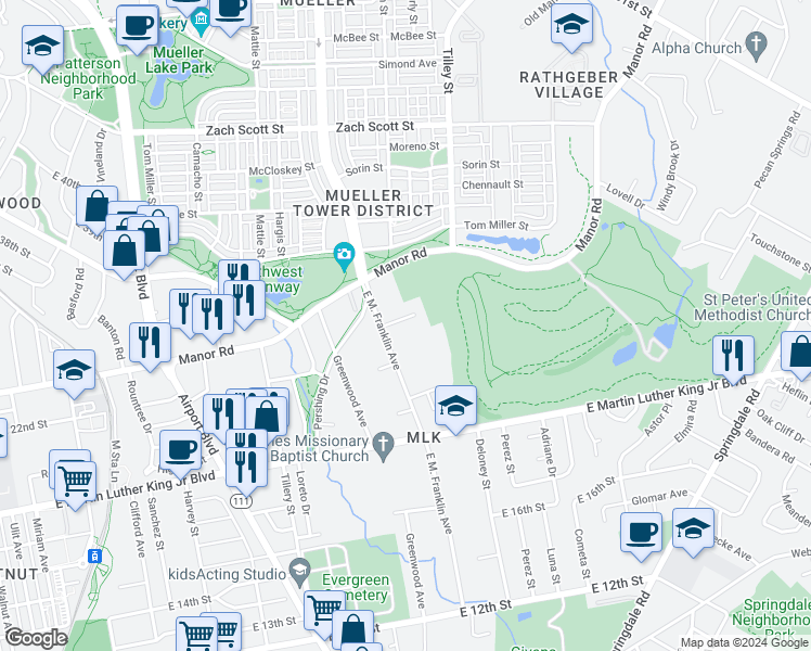 map of restaurants, bars, coffee shops, grocery stores, and more near 2213 E M Franklin Ave in Austin