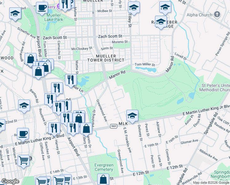 map of restaurants, bars, coffee shops, grocery stores, and more near 2215 E. M. Franklin Avenue in Austin