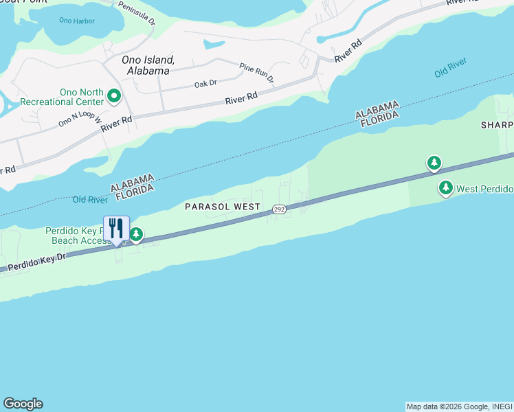 map of restaurants, bars, coffee shops, grocery stores, and more near 16300 Perdido Key Drive in Pensacola
