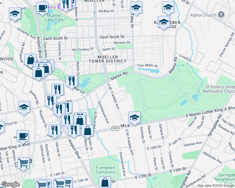 map of restaurants, bars, coffee shops, grocery stores, and more near 2213 E M Franklin Ave in Austin