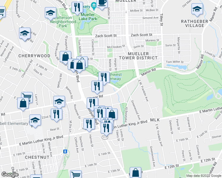 map of restaurants, bars, coffee shops, grocery stores, and more near 3300 Manor Road in Austin