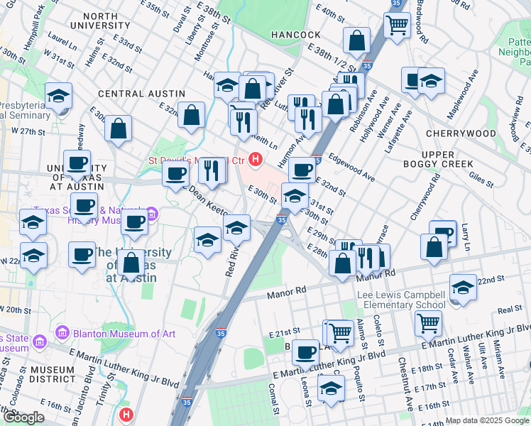 map of restaurants, bars, coffee shops, grocery stores, and more near 2908 Cole Street in Austin