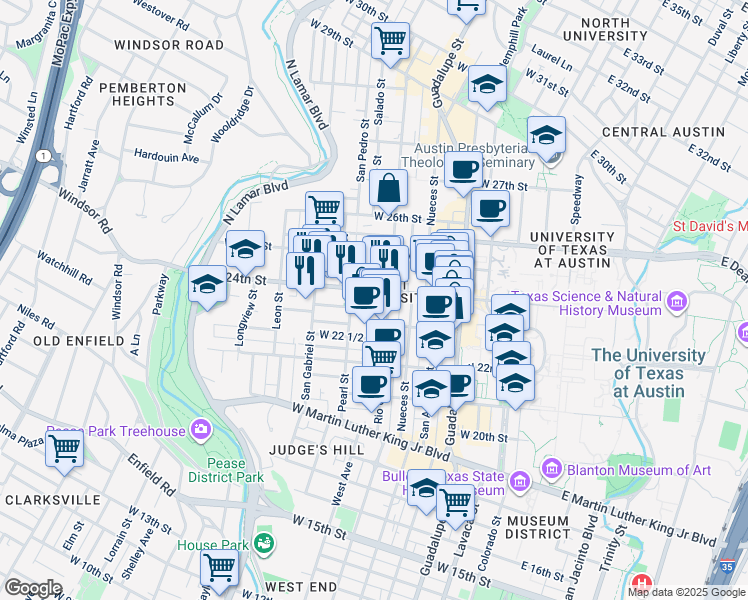 map of restaurants, bars, coffee shops, grocery stores, and more near 819 West 24th Street in Austin
