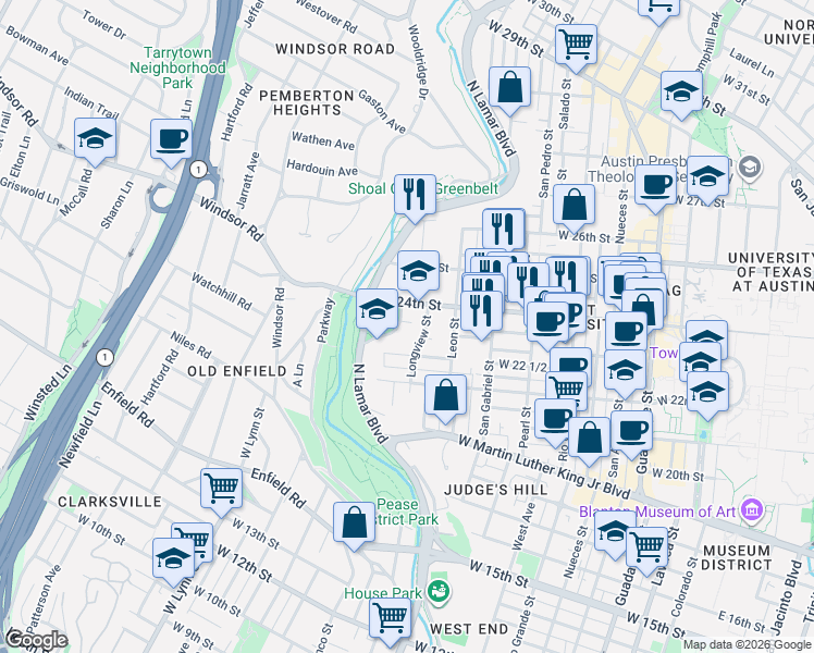 map of restaurants, bars, coffee shops, grocery stores, and more near 2312 Shoal Creek Boulevard in Austin