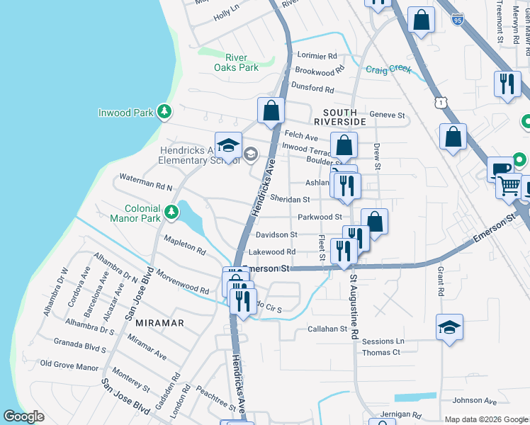 map of restaurants, bars, coffee shops, grocery stores, and more near 3535 Hendricks Avenue in Jacksonville