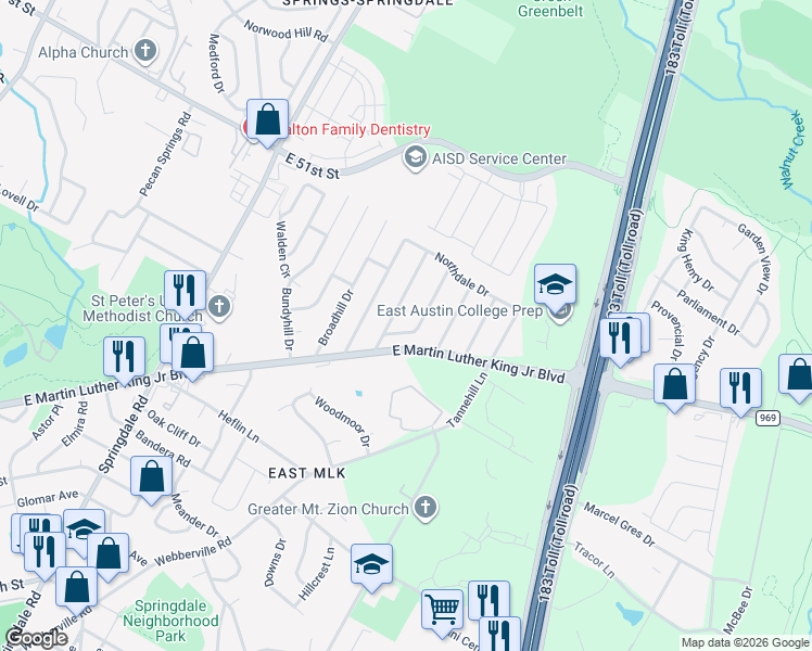 map of restaurants, bars, coffee shops, grocery stores, and more near 4802 York Hill Drive in Austin