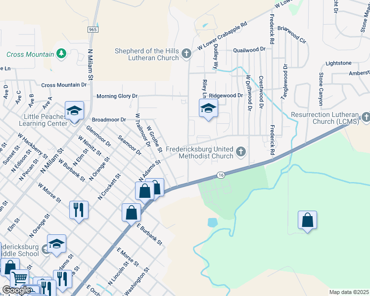 map of restaurants, bars, coffee shops, grocery stores, and more near 1625 North Adams Street in Fredericksburg