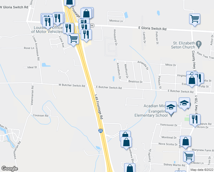 map of restaurants, bars, coffee shops, grocery stores, and more near 117 East Butcher Switch Road in Lafayette