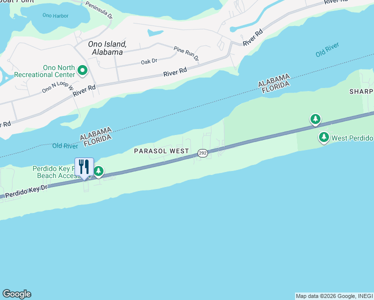map of restaurants, bars, coffee shops, grocery stores, and more near 16300 Perdido Key Drive in Pensacola