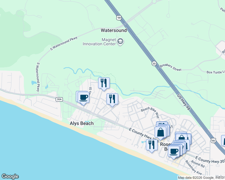 map of restaurants, bars, coffee shops, grocery stores, and more near 107 Featherbed Alley in Panama City Beach