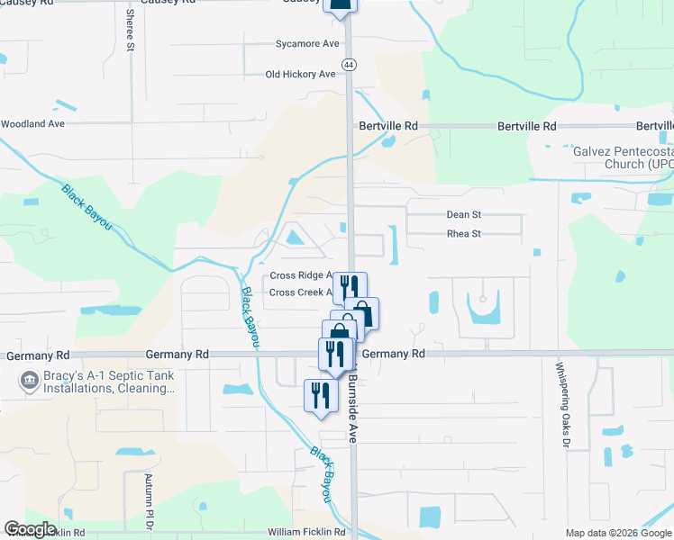 map of restaurants, bars, coffee shops, grocery stores, and more near 15133 Louisiana 44 in Gonzales