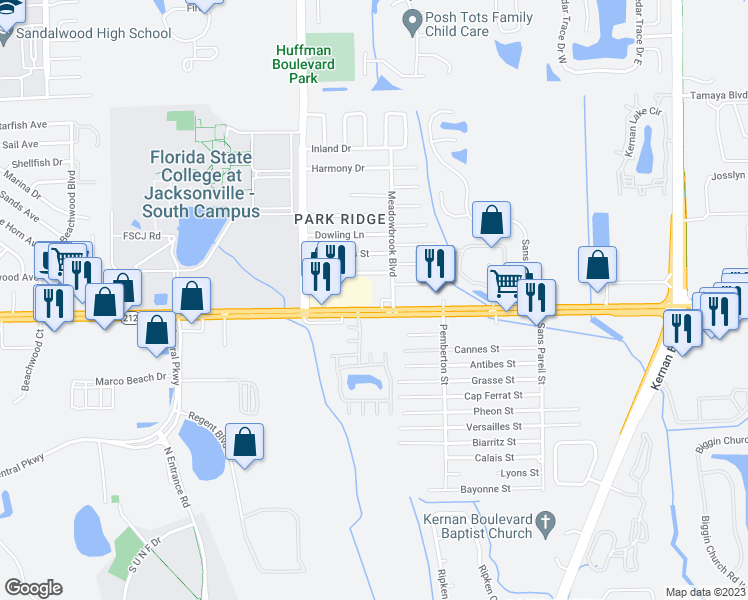 map of restaurants, bars, coffee shops, grocery stores, and more near 11969 Beach Boulevard in Jacksonville