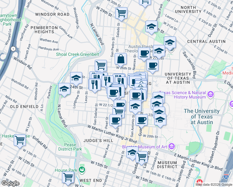 map of restaurants, bars, coffee shops, grocery stores, and more near 701 West 24th Street in Austin