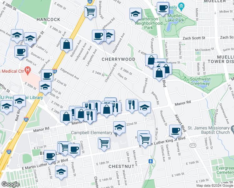 map of restaurants, bars, coffee shops, grocery stores, and more near 3310 Larry Lane in Austin
