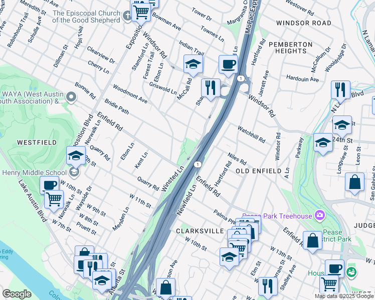 map of restaurants, bars, coffee shops, grocery stores, and more near 2008 Enfield Road in Austin