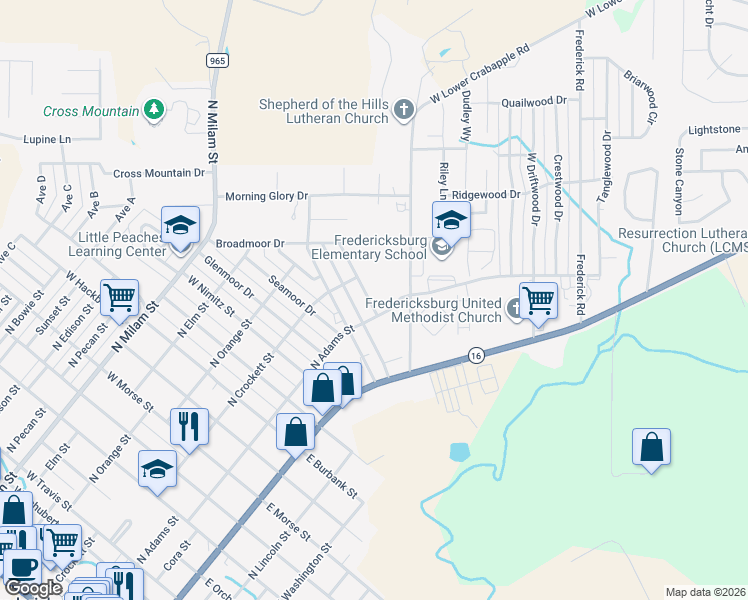 map of restaurants, bars, coffee shops, grocery stores, and more near 108 Broadmoor Street in Fredericksburg
