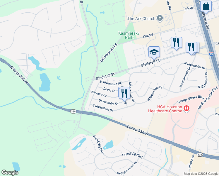 map of restaurants, bars, coffee shops, grocery stores, and more near 925 North Rivershire Drive in Conroe