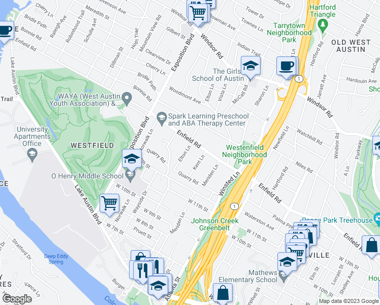 map of restaurants, bars, coffee shops, grocery stores, and more near 1407 Elton Lane in Austin