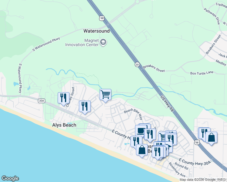 map of restaurants, bars, coffee shops, grocery stores, and more near 402 Redbud Lane in Rosemary Beach