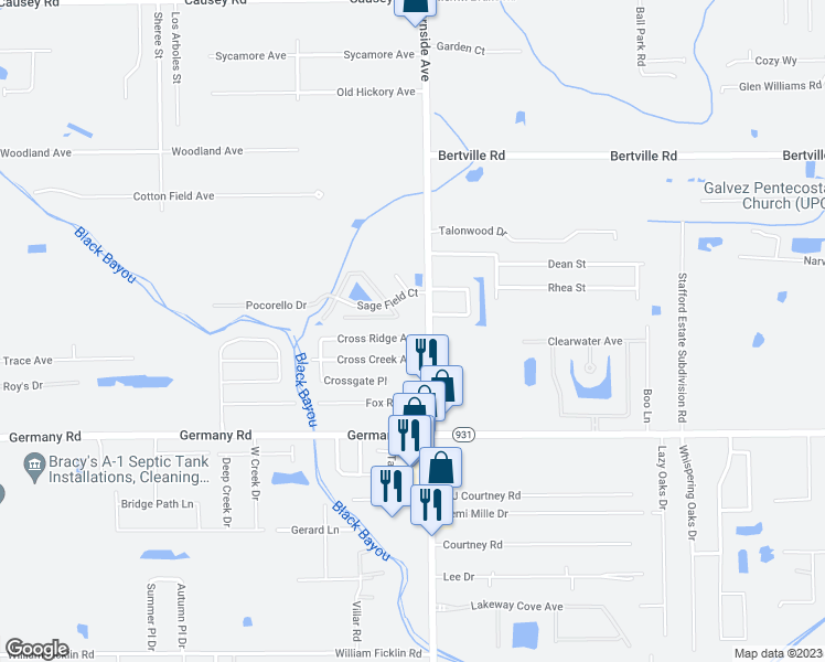 map of restaurants, bars, coffee shops, grocery stores, and more near 40524 Cross Ridge Avenue in Gonzales