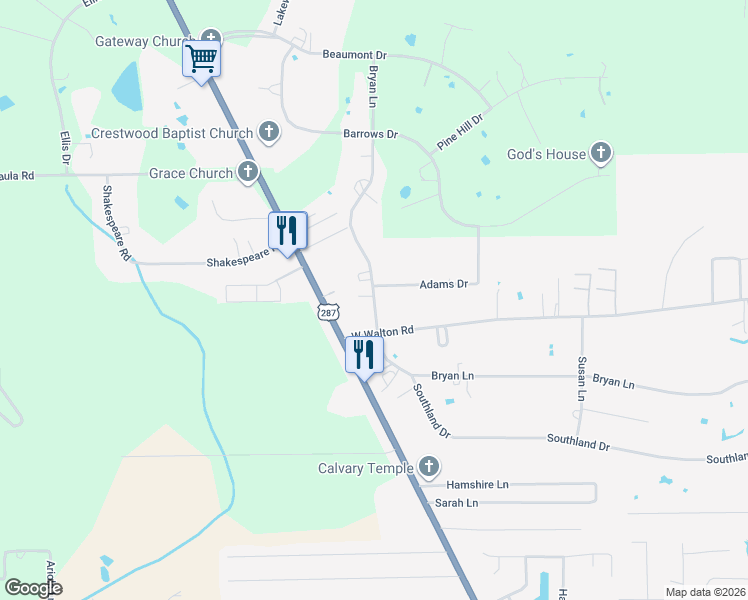map of restaurants, bars, coffee shops, grocery stores, and more near 874 Bryan Lane in Lumberton