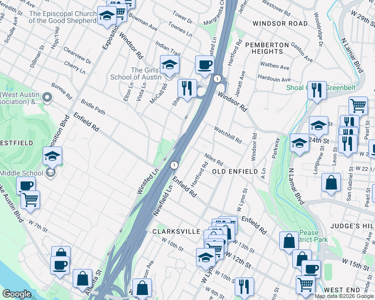 map of restaurants, bars, coffee shops, grocery stores, and more near 1712 Newfield Lane in Austin