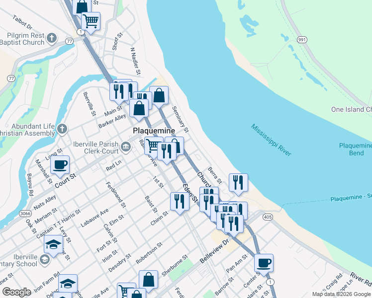 map of restaurants, bars, coffee shops, grocery stores, and more near 57735 Haase Street in Plaquemine