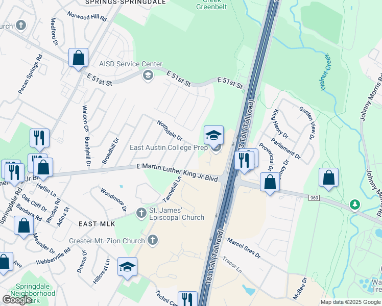 map of restaurants, bars, coffee shops, grocery stores, and more near 4904 Tannehill Lane in Austin