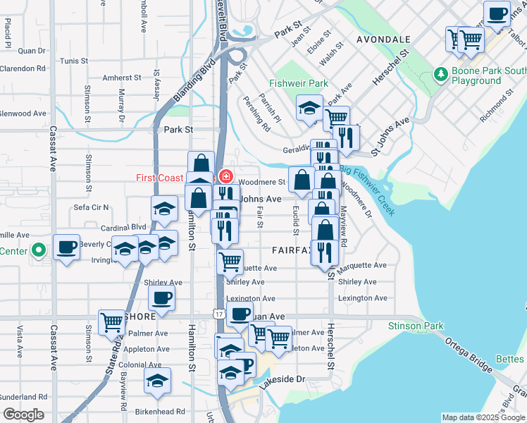 map of restaurants, bars, coffee shops, grocery stores, and more near 4336 Saint Johns Avenue in Jacksonville