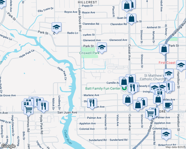 map of restaurants, bars, coffee shops, grocery stores, and more near 1701 Lake Shore Boulevard in Jacksonville